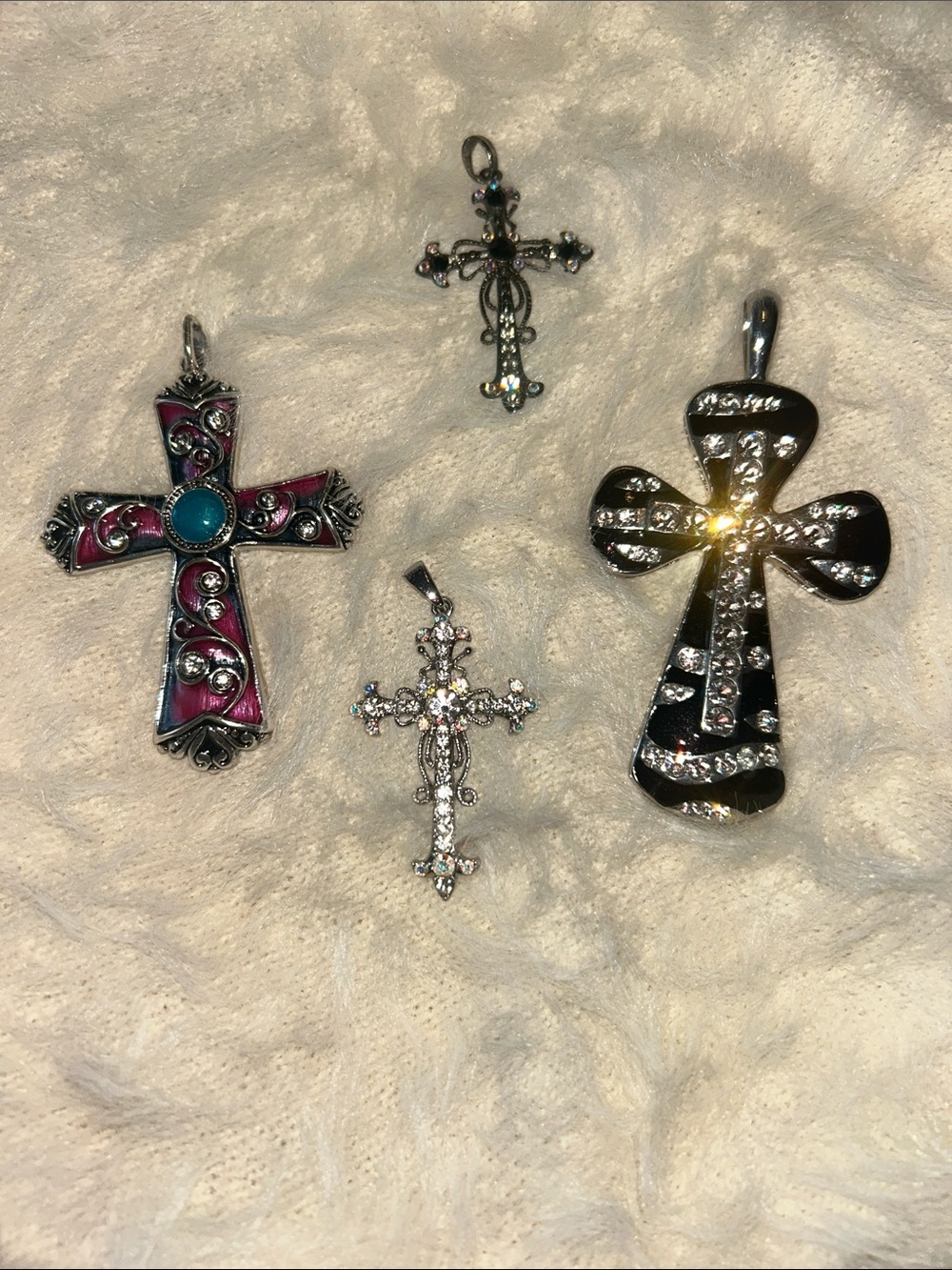 Mixed Cross Pendant Set of 4- Silver, Bkack, Turquoise & Pink Accents